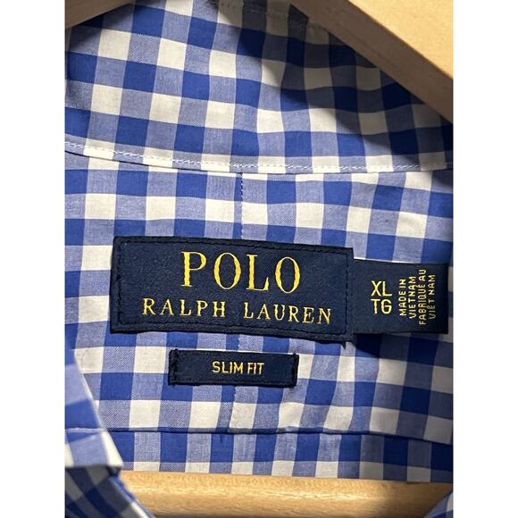 Ralph Lauren Shirt Mens X-Large Blue Gingham Slim Fit Stretch Oxford Flesh - Picture 2 of 9